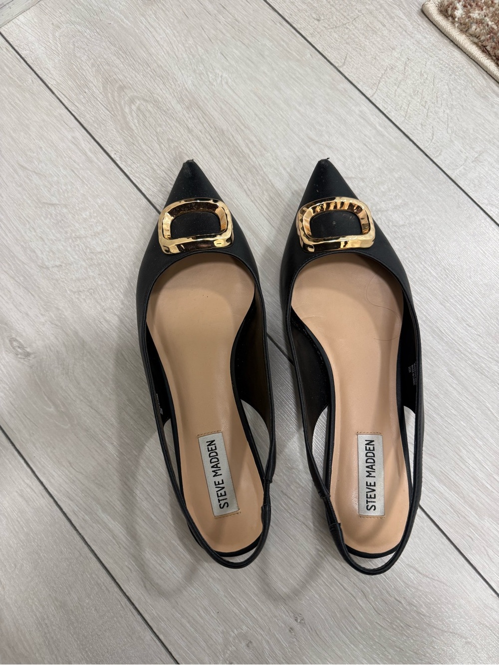 Steve Madden Black Pointed Slingback Flats with Gold Buckle Accent